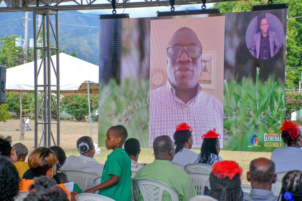 A group of people sitting outdoors at an event, with a large screen displaying a speaker's video call. The scene includes a young boy in a green shirt and attendees wearing hats with red decorations.