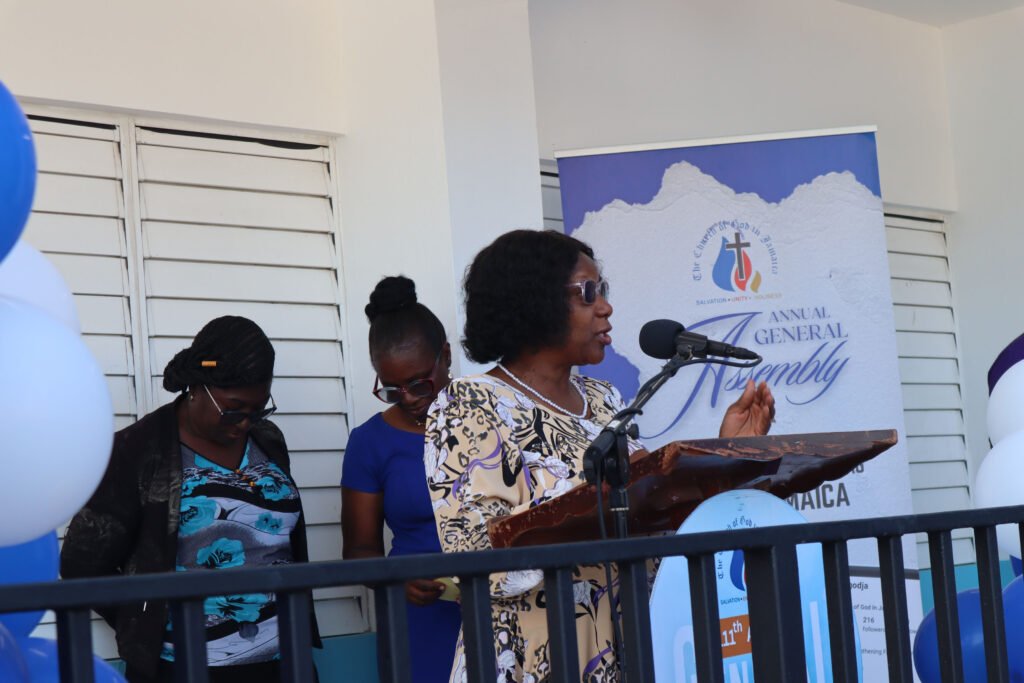 A speaker at a podium addressing an audience during an annual general assembly event, with attendees seated and engaged in the background.